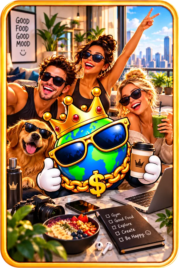 Daily life suit cover: the PimpMyLingo globe at home with friends, a dog and breakfast