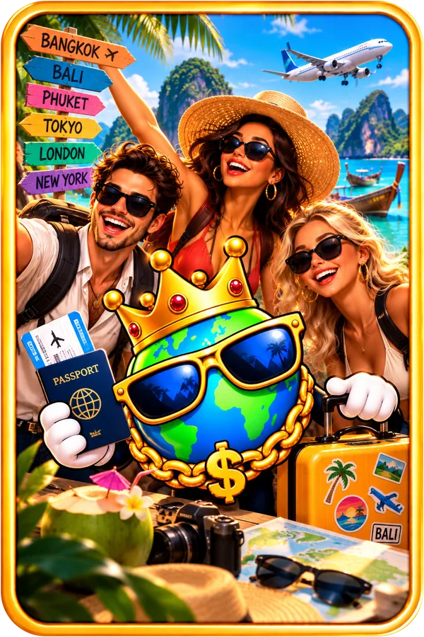 Travel suit cover: the PimpMyLingo globe on a tropical beach with a passport and suitcase
